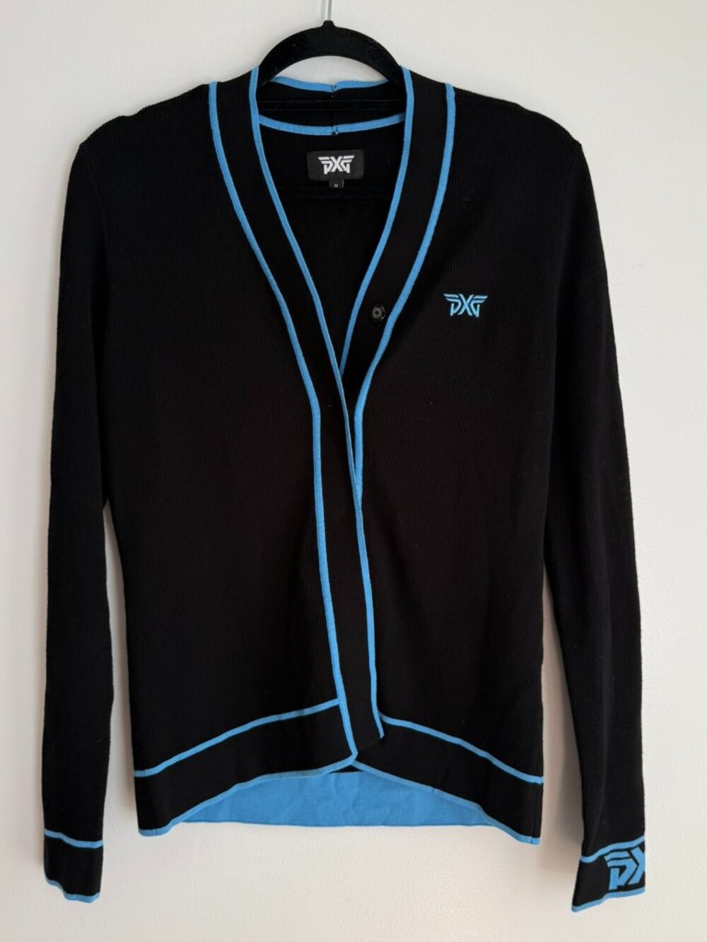 Varsity V-Neck Cardigan | PXG | Sz M | Black and Blue
